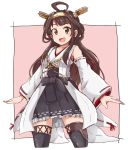 1girl black_skirt boots brown_eyes brown_hair brown_legwear collarbone detached_sleeves double_bun hairband headgear highres japanese_clothes kantai_collection kongou_(kantai_collection) long_hair looking_at_viewer nontraditional_miko pink_background remodel_(kantai_collection) ribbon-trimmed_sleeves ribbon_trim roku_kyuu skirt smile solo standing thigh-highs thigh_boots two-tone_background white_background wide_sleeves 