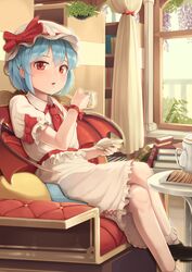  1girl absurdres armchair black_footwear blue_hair blush book_stack bow chair cup curtains cushion day goback hat hat_bow highres holding holding_cup holding_plate indoors legs_crossed looking_at_viewer mob_cap parted_lips plate red_bow red_eyes red_ribbon remilia_scarlet ribbon short_hair sitting socks solo teacup teapot touhou tray white_legwear window wings 