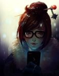  1girl artist_name bangs black-framed_eyewear blue_gloves brown_eyes brown_hair cellphone closed_mouth commentary english_commentary fur_coat fur_collar glasses gloves hair_bun hair_ornament hair_stick hand_up holding holding_phone lips lipstick looking_at_viewer makeup mei_(overwatch) overwatch phone red_lipstick short_hair smartphone snowflake_hair_ornament solo swept_bangs trung_doan 