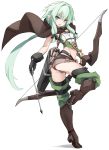  1girl :o aqua_hair ass black_bow blush boots bow bow_(weapon) crossbow elf flat_chest full_body gloves goblin_slayer! green_eyes high_elf_archer_(goblin_slayer!) highres karukan_(monjya) leg_up looking_at_viewer navel open_mouth pointy_ears robe short_shorts shorts sidelocks simple_background weapon white_background 