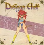  1girl 90s :o armored_boots boots bracer copyright_name cover covering covering_breasts dragon_half dragon_horns dragon_tail full_body hand_on_own_shoulder highres horns injury knee_boots laserdisc_cover mink_(dragon_half) navel official_art open_mouth red_eyes redhead solo standing tail torn_clothes yellow_footwear 