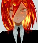  1other androgynous colored_eyelashes gem_uniform_(houseki_no_kuni) grey_background hair_between_eyes highres houseki_no_kuni long_bangs looking_at_viewer necktie red_eyes redhead shinsha_(houseki_no_kuni) short_hair solo upper_body 