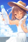  1girl :d armpits bangs bare_arms bare_shoulders blue_sky blurry blurry_background blush bottle bow brown_eyes brown_hair brown_hat clouds condensation_trail day depth_of_field diffraction_spikes dress dx_(dekusu) eyebrows_visible_through_hair fingernails hair_ornament hairclip hat hat_ribbon highres holding holding_bottle ikazuchi_(kantai_collection) kantai_collection looking_at_viewer one_eye_closed open_mouth outdoors outstretched_arm ribbon sky sleeveless sleeveless_dress smile solo sun_hat sundress tan tanline tilted_headwear water_drop wet white_bow white_dress white_ribbon 