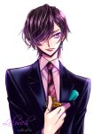  1boy bangs bellomi918 black_hair black_jacket character_name code_geass earrings formal holding jacket jewelry lelouch_lamperouge looking_at_viewer male_focus necktie parted_bangs pink_shirt shirt short_hair simple_background solo upper_body violet_eyes white_background 