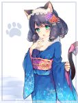  1girl :3 animal_ears bell black_hair blush bow cat_ears cat_tail commentary_request curly_hair cyan_(show_by_rock!!) fur_collar furisode green_eyes hair_ornament hairband hand_on_own_chest japanese_clothes jingle_bell kimono kotoyoro lolita_hairband long_hair mayachi_(amuriya) new_year obi paw_print ringlets sash show_by_rock!! sleeves_past_wrists smile solo tail tail_bell tail_bow 