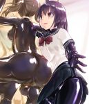  2girls :d ass black_gloves black_hair black_skirt blush bodysuit brown_hair gloves latex latex_bodysuit latex_gloves multiple_girls naka open_mouth original school_uniform shiny short_hair short_twintails skirt smile spanking squatting standing tickling twintails uniform 