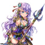  1girl blue_eyes blush bracer breasts cleavage company_name esphy fantasy flower hair_flower hair_ornament hand_up holding_polearm large_breasts long_hair looking_at_viewer official_art polearm purple_hair sangoku_infinity side_cutout simple_background solo thigh-highs trident weapon white_background 
