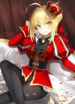  1girl ahoge arm_up black_pants blonde_hair blush braid breasts brooch closed_mouth commentary_request couch crown fate/extella fate/extra fate_(series) green_eyes hair_bun hair_intakes head_tilt jacket jewelry juliet_sleeves kagachi_saku legs_crossed long_sleeves medium_breasts mini_crown nero_claudius_(fate) nero_claudius_(fate)_(all) on_couch pants puffy_sleeves red_jacket sidelocks signature sitting smile solo tilted_headwear 