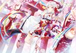  1girl barefoot bell blue_sky cherry_blossoms day ekita_xuan fan highres jingle_bell lantern long_hair looking_at_viewer original outdoors paper_fan paper_lantern ribbon single_thighhigh sky solo thigh-highs torii white_hair white_legwear wide_sleeves yellow_eyes 