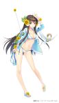  1girl bikini bird blue_jacket breasts brown_eyes brown_hair dove floral_bracelet flower formation_girls full_body goggles goggles_removed hair_flower hair_ornament hand_up innertube jacket kagachi_saku long_hair looking_at_viewer medium_breasts navel official_art radio sandals solo standing sunflower swimsuit very_long_hair white_bikini 