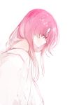  1girl bangs commentary copyright_request from_side long_hair looking_down lpip monochrome pale_color pink profile simple_background solo symbol_commentary white_background 