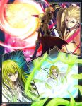  1boy 1other aora blonde_hair blue_eyes boots ea_(fate/stay_night) earrings emphasis_lines enkidu_(fate/strange_fake) fate/strange_fake fate_(series) from_behind furrowed_eyebrows gilgamesh gloves gold_armor green_hair grin hair_slicked_back jewelry long_hair pauldrons red_eyes robe smile standing weapon wide-eyed 