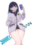  1girl absurdres bangs black_hair black_skirt blue_eyes cardigan cellphone closed_mouth copyright_name eyebrows_visible_through_hair hand_in_pocket hand_up highres hips holding holding_phone miniskirt phone pleated_skirt school_uniform simple_background skirt smartphone solo ssss.gridman standing takarada_rikka takubon_(xewh4773) thighs white_background 