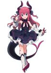  1girl asymmetrical_horns blue_eyes claws curled_horns detached_sleeves dragon_girl dragon_horns dragon_tail dress elizabeth_bathory_(fate) elizabeth_bathory_(fate)_(all) fate/extra fate/extra_ccc fate_(series) flat_chest full_body highres horns ikeuchi_tanuma long_hair looking_at_viewer pink_hair plaid plaid_skirt pointy_ears simple_background skirt solo tail waving white_background 