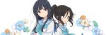  2girls black_hair blue_eyes blue_sailor_collar feathers flower hibike!_euphonium highres kasaki_nozomi liz_to_aoi_tori long_hair multiple_girls neckerchief odawara_hakone ponytail sailor_collar school_uniform serafuku upper_body violet_eyes white_background yoroizuka_mizore 