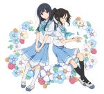  2girls black_hair black_legwear blue_eyes blue_sailor_collar commentary_request feathers flower full_body hibike!_euphonium kasaki_nozomi kneehighs liz_to_aoi_tori long_hair multiple_girls neckerchief odawara_hakone ponytail sailor_collar school_uniform serafuku violet_eyes white_background white_legwear yoroizuka_mizore 