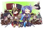  armor bangs black_hair blue_hair blush breasts chibi closed_eyes collarbone cousins dark_skin fire glasses gloves hair_ribbon hat highres kagutsuchi_(xenoblade) long_hair looking_at_viewer medium_breasts meleph_(xenoblade) military military_hat military_uniform multiple_girls neferu_(xenoblade) nintendo nyuutsu_(xenoblade) open_mouth pauldrons purple_hair reverse_trap ribbon short_hair simple_background smile takumi_(tkm_as) uniform wadatsumi_(xenoblade) white_gloves xenoblade_(series) xenoblade_2 