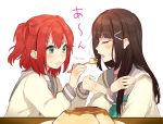  2girls aqua_eyes aqua_neckwear bangs black_hair closed_eyes concentrating cupping_hand feeding food hair_ornament hairpin hand_on_own_chest highres kurosawa_dia kurosawa_ruby long_hair long_sleeves love_live! love_live!_sunshine!! multiple_girls neckerchief open_mouth pudding redhead school_uniform serafuku short_hair siblings sisters spoon sudach_koppe sweatdrop table trembling two_side_up upper_body uranohoshi_school_uniform v-shaped_eyebrows white_background 