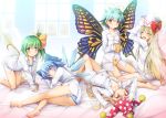  5girls :d ^_^ all_fours antennae arm_up arms_up ass bangs bare_legs barefoot bed_sheet blonde_hair blue_bow blue_eyes blue_hair blue_panties blush bow bow_panties breasts brown_eyes butterfly_wings chima_q cirno closed_eyes closed_eyes clownpiece collarbone commentary_request cup daiyousei eternity_larva eyebrows_visible_through_hair facing_viewer fairy_wings from_behind green_eyes green_hair hair_between_eyes hair_bow hand_up hands_on_headwear hat hat_bow highres holding holding_cup ice ice_wings indoors jester_cap leaf leaf_on_head lily_white long_hair long_sleeves looking_at_viewer looking_back lying mug multiple_girls no_pants on_back on_side open_mouth panties pantyshot pantyshot_(lying) polka_dot_hat red_bow red_eyes red_hat shirt short_hair side_ponytail sitting small_breasts smile striped striped_panties thighs touhou underwear very_long_hair wariza white_hat white_panties white_shirt window wings yellow_bow yellow_panties 