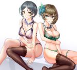  1girl bangs bare_shoulders black_hair blue_bra blue_eyes blue_panties blush bow bra breasts brown_hair cleavage closed_mouth collarbone earrings emerald eyelashes feathers green_bra green_eyes green_panties hair_bow hair_feathers hayami_kanade heterochromia hhama hips idolmaster idolmaster_cinderella_girls jewelry large_breasts legs looking_at_viewer mole mole_under_eye mysterious_eyes_(idolmaster) navel necklace panties parted_bangs pretty_liar_(idolmaster) sapphire_(stone) short_hair simple_background single_thighhigh sitting smile takagaki_kaede thigh-highs thigh_strap thighs tied_hair underwear waist white_background yellow_eyes 