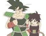  1boy 1girl armor bardock bare_arms bare_shoulders black_eyes black_hair clenched_hand dragon_ball eyebrows_visible_through_hair frown gine happy height_difference looking_at_another scar short_hair simple_background smile spiky_hair tail twitter_username upper_body white_background wristband 