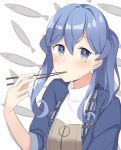  1girl akahi242 blue_eyes blue_hair blue_jacket chopsticks chopsticks_in_mouth eyebrows_visible_through_hair fish gotland_(kantai_collection) hair_bun holding holding_chopsticks jacket kantai_collection long_hair looking_at_viewer mole mole_under_eye saury solo sweater turtleneck turtleneck_sweater upper_body white_sweater 