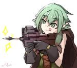  1girl arrow bullpup elf gloves goblin_slayer! green_eyes green_hair gun high_elf_archer_(goblin_slayer!) holding holding_gun holding_weapon p90 pointy_ears simple_background submachine_gun weapon wolfkine 