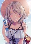  1girl ^_^ bag bangs blue_dress blue_nails cellphone closed_eyes closed_eyes collarbone dress earrings facing_viewer grey_hair grin hand_up hat highres holding holding_phone jewelry love_live! love_live!_sunshine!! nail_polish phone short_hair shoulder_bag smartphone smile solo sudach_koppe sun_hat sundress upper_body watanabe_you wet 