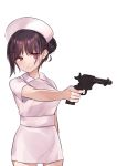  1girl absurdres breasts brown_hair collared_dress commentary_request cowboy_shot dress fang fang_out gun hair_bun half-closed_eye handgun hat heart heart-shaped_pupils highres holding holding_gun holding_weapon medium_breasts natsu_(sinker8c) nurse nurse_cap original outstretched_arm pink_dress pink_hat red_eyes revolver short_sleeves sidelocks simple_background solo standing symbol-shaped_pupils uneven_eyes weapon white_background 