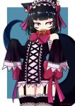  1girl animal_ears bangs bare_shoulders black_hair blue_background blunt_bangs cat_ears cat_tail collar garter_straps mikagura original red_eyes sleeves_past_fingers sleeves_past_wrists solo standing tail thick_eyebrows thigh-highs twitter_username wavy_mouth 