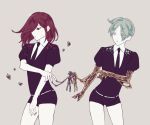  2others androgynous crystal_hair eyebrows_visible_through_hair eyes_visible_through_hair gem_uniform_(houseki_no_kuni) golden_arms green_eyes green_hair hair_over_one_eye houseki_no_kuni long_bangs looking_at_another mercury multiple_others necktie phosphophyllite red_eyes redhead shinsha_(houseki_no_kuni) short_hair tan_background white_skin 