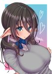  1girl absurdres black_hair blue_eyes blush breasts brown_hair elf eyebrows_visible_through_hair heart highres kira_kazuki large_breasts long_hair looking_at_viewer neck_ribbon original pointy_ears ribbon solo sweater twintails 