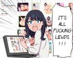  1girl bangs black_hair blue_eyes blurry blurry_background blush cardigan commentary computer english english_commentary laptop long_hair looking_at_viewer looking_back maximilian-destroyer nose_blush orange_scrunchie scrunchie shouting solo ssss.gridman sweater takarada_rikka tears white_sweater 