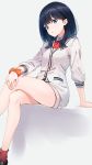  1girl black_hair blue_eyes breasts character_request collared_shirt eyebrows_visible_through_hair grey_background hand_on_own_knee head_tilt highres hyuuga_azuri legs_crossed looking_at_viewer medium_breasts medium_hair parted_lips red_legwear shirt sitting socks solo ssss.gridman 