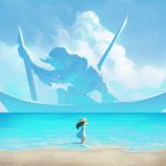  1girl beach black_hair blue_sky boat clouds cloudy_sky commentary concept_art corpse day dress giant hat horns koyorin long_hair ocean oni oni_horns original size_difference skeleton sky sun_hat sundress wading watercraft white_dress 