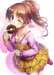  1girl bangs blush breasts brown_hair character_request cleavage collarbone doughnut eating eyebrows_visible_through_hair floating_hair food frilled_skirt frills hair_ornament hair_scrunchie highres idolmaster idolmaster_cinderella_girls jewelry layered_skirt leg_up long_hair long_sleeves looking_at_viewer medium_breasts ment miniskirt necklace pink_scrunchie pink_shirt pleated_skirt ponytail red_footwear scrunchie shadow shiny shiny_hair shirt simple_background skirt solo standing standing_on_one_leg swept_bangs violet_eyes white_background yellow_skirt 