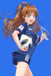 1girl 2018_fifa_world_cup adidas aqua_eyes ass ball blue_background blush bottle bow brown_hair clothes_writing eyebrows_visible_through_hair facepaint from_behind hair_bow high_ponytail highres hino_akane_(idolmaster) holding holding_bottle idolmaster idolmaster_cinderella_girls japan japanese_flag long_hair looking_at_viewer looking_back nigou open_mouth ponytail short_sleeves shorts simple_background smile soccer_ball soccer_uniform solo sportswear standing sweat water_bottle world_cup 
