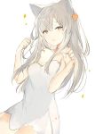  1girl animal_ears bangs bare_arms bare_shoulders breasts cat_ears copyright_request dress half-closed_eyes hands_up long_hair looking_at_viewer lpip paw_pose raised_eyebrows solo strapless strapless_dress white_dress 