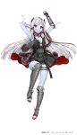  1girl belt black_skirt blue_skin bracer formation_girls full_body goggles goggles_around_neck greaves grey_legwear harness horns kagachi_saku long_hair looking_at_viewer official_art red_eyes sharp_teeth skirt standing standing_on_one_leg teeth very_long_hair white_background white_hair 