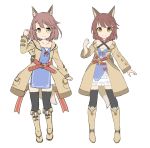  1girl absurdres amane_rosylily animal_ear_fluff animal_ears arm_up belt_buckle black_legwear blush boots breasts brown_belt brown_coat brown_eyes brown_footwear brown_hair buckle cleavage closed_mouth coat collarbone commentary_request dress fingernails fox_ears fox_girl fox_tail full_body hand_up highres hood hood_down hooded_coat knee_boots multiple_views open_clothes open_coat original red_ribbon ribbon sekira_ame simple_background sleeves_past_wrists small_breasts smile standing tail thigh-highs thighhighs_under_boots white_background white_dress 