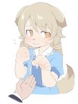  1girl animal_ears bangs blue_dress blush brown_eyes dog_ears dog_girl dog_tail dress eyebrows_visible_through_hair flying_sweatdrops fur furrification furry hair_between_eyes hands_up idolmaster idolmaster_cinderella_girls light_brown_hair long_hair morikubo_nono out_of_frame parted_lips paws puffy_short_sleeves puffy_sleeves ringlets short_sleeves simple_background solo_focus sweat tail upper_body ushi white_background 