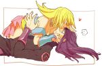  1boy 1girl bare_shoulders blonde_hair breasts cleavage closed_mouth commentary_request dark_magician dark_magician_girl detached_sleeves duel_monster forehead_kiss kiss long_hair white_background yu-gi-oh! yuu-gi-ou yuu-gi-ou_duel_monsters yuza 