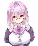  1girl adjusting_eyewear bow breasts button_gap closed_mouth collared_shirt hands_up head_tilt jacket large_breasts md5_mismatch melings_(aot2846) off_shoulder pink_bow pink_hair purple_jacket red-framed_eyewear red_eyes semi-rimless_eyewear shinjou_akane shirt smile solo ssss.gridman under-rim_eyewear upper_body white_background white_shirt 