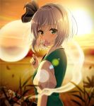  1girl black_hairband blurry blurry_background day flower from_side green_eyes green_nails hairband holding holding_flower konpaku_youmu konpaku_youmu_(ghost) lens_flare looking_at_viewer nail_polish outdoors shiny shiny_hair shirt short_hair short_sleeves silver_hair solo sun sword touhou upper_body weapon white_shirt yuuka_nonoko 
