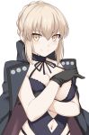  1girl artoria_pendragon_(all) bangs black_coat black_gloves black_ribbon black_swimsuit blonde_hair blush breasts casual_one-piece_swimsuit cleavage closed_eyes closed_mouth coat fate/grand_order fate_(series) gloves hair_between_eyes halterneck jacket_on_shoulders looking_at_viewer medium_breasts navel navel_cutout one-piece_swimsuit open_clothes open_coat ribbon saber_alter shiseki_hirame short_hair simple_background smile solo strap_lift swimsuit upper_body white_background yellow_eyes 