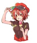  1girl :d ae-3803 arm_up black_shirt cropped_torso food hagiri003 hair_between_eyes hat hataraku_saibou holding holding_food ice_cream looking_at_viewer open_mouth red_eyes red_hat redhead shirt short_hair short_sleeves simple_background sketch smile solo white_background 