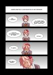  1girl 4koma arkeden_razeare blue_eyes bow collared_shirt comic commentary constricted_pupils crying d: doki_doki_literature_club english english_commentary hair_bow head_down highres looking_at_viewer looking_away neck_ribbon open_mouth parted_lips pink_hair red_bow red_ribbon ribbon sayori_(doki_doki_literature_club) school_uniform shirt speech_bubble white_shirt wing_collar 