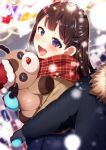  1girl :d black_gloves blue_eyes blurry blurry_background blush brown_hair coat gloves hat highres holding holding_stuffed_animal long_hair looking_at_viewer open_mouth original plaid plaid_scarf ponita red_hat red_scarf scarf smile solo stuffed_animal stuffed_toy 