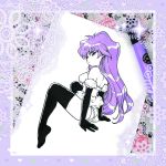  bangs bare_shoulders black_legwear breasts doily dragon_half elbow_gloves frame fur_trim gloves highres inktober lavender_hair limited_palette long_hair looking_back marker marker_(medium) medium_breasts partially_colored purple_hair shiny shiny_hair sitting sparkle thigh-highs traditional_media veena_(dragon_half) wavy_hair zambi 