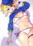 1girl :d artoria_pendragon_(all) bangs baseball_cap bed_sheet bikini blonde_hair blue_background blue_eyes blue_hat blush breast_squeeze breasts commentary_request eyebrows_visible_through_hair fate/grand_order fate_(series) from_above groin hair_between_eyes hand_on_headwear hat highres large_breasts long_hair long_sleeves looking_at_viewer lying mysterious_heroine_xx_(foreigner) navel on_back onsoku_maru open_mouth ponytail round_teeth shiny shiny_skin shrug_(clothing) side-tie_bikini skindentation smile solo stomach string_bikini sweatband swimsuit teeth thigh_strap toned under_boob upper_teeth white_bikini zipper zipper_pull_tab 